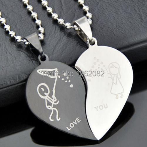 1 Pair Fashion Silver Black Tone Stainless Steel Boy Girl LOVE YOU Heart-shape Couple Charms Pendants Necklace Gift MN215
