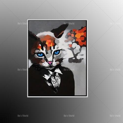 100% Hand-painted Modern lovely cats Pictures handsome blackl cat Animal Oil Paintings on Canvas Wall Art living Room Decor