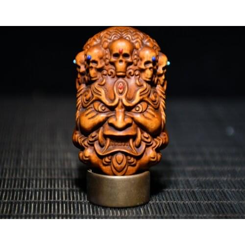 2"China Lucky old Boxwood mosaic Gem Skull Mahakala Fudo Mingwang statue Office Ornaments Town House