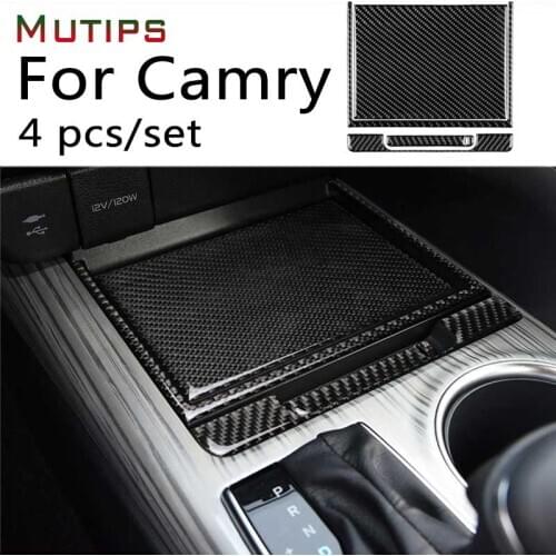Mutips Car Center Console 4pcs Stroage Box Panel Cover Trim Carbon Fiber Sticker Interior Styling For Toyota Camry 8th 2018 2019