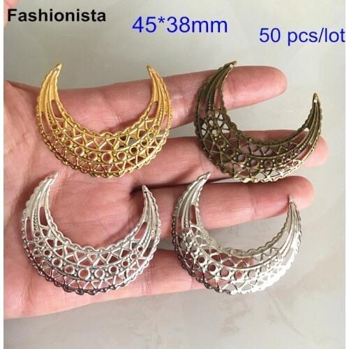 50 pcs Moon Shape Filigree Connectors For Jewel Making,Gold-color,Silver-color,Steel,Bronze,Filigree Metal Stampings,45*38mm