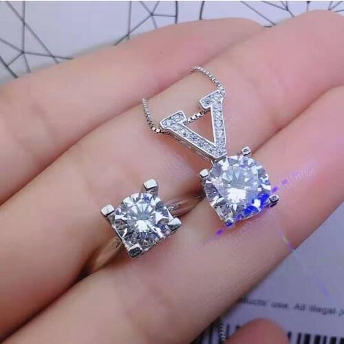 Mossan Drill Gemstone Ring Pendant Necklace Set 925 Silver Fine Fashion Charming Wedding Jewelry For Women Free Shipping