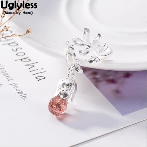 Uglyless Real 925 Sterling Silver Handmade Leaf Finger Rings Women Personalized Wide Open Rings Strawberry Quartz Flower Jewelry