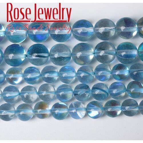 A+ Lake Blue Austria Crystal Beads For Jewerly Making Synthesis Moonstone Round Beads Diy Bracelet 6 8 10 12mm Perles Wholesale