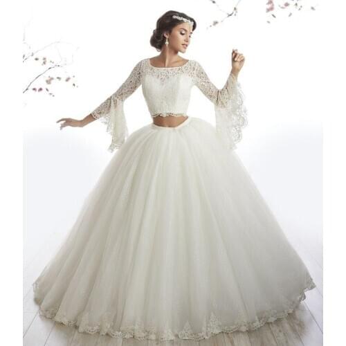 Arabic Style Ivory Lace Long Sleeve Two Piece Quinceanera Dress Gowns vestidos de 15 anos debutante Ball Gown Long Prom Dresses