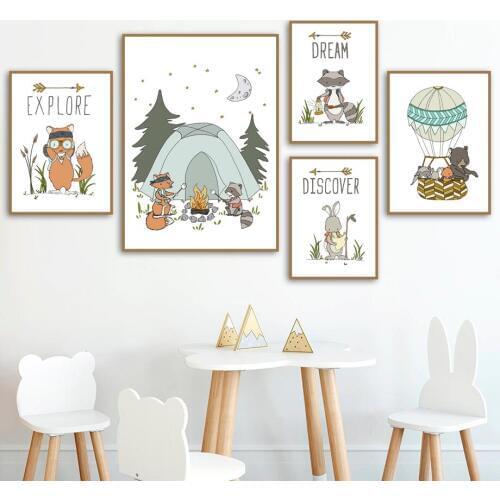 Fox Bear Rabbit Tent Arrow Nursery Wall Art Canvas Painting Cartoon Nordic Posters And Prints Wall Pictures Baby Kids Room Decor