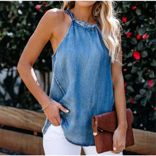 2021 Fashion Trend Women Ladies Sexy Halter Denim Imitation Jean Vest Solid Color Lace up Sleeveless Casual Top Tanks Camisole