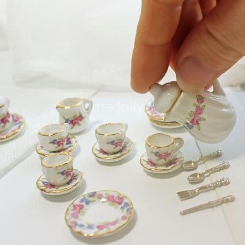 1 Set 1/12 Scale Miniature Dollhouse Porcelain Tea Cup Set for Pretend Play Mini Barbies Doll Kitchen Toy