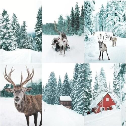 CHENISTORY Diy Oil Painting By Numbers Winter Deer Scenery Handpainted Kits Drawing Canvas Pictures Snow House Landscape Home De