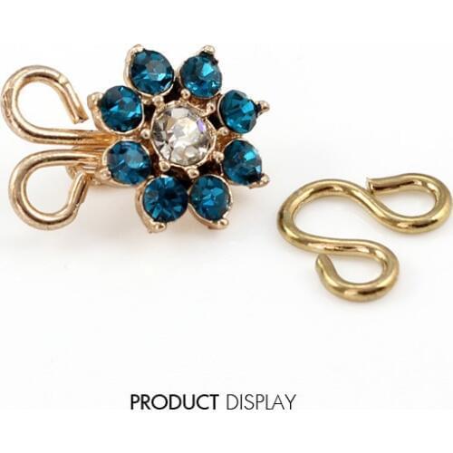 10set Metal Clasps Gold Tone Flower Turquoise Crystal Decorated Hook Eyes Button Clip Sewing Clasp for Bra Garment NK200