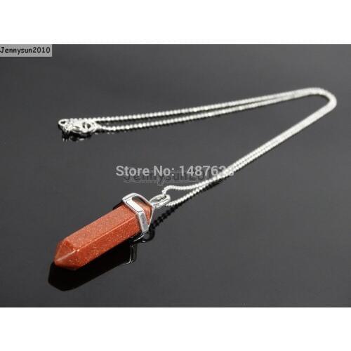 Natural Gold Sand Gems Stones Hexagonal Pointed Healing Reiki Chakra Pendant Beads Silver 17'' Chain Necklace 5 Sets/Pack