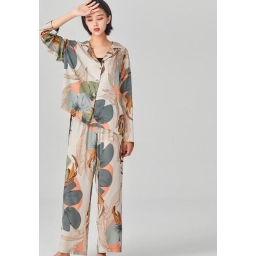 Pajamas Sets Spring Autumn Sleepwear for Women Long Sleeve Long Pants Leaves Printing Home Clothes Large Size Womens 2PC Pajamas