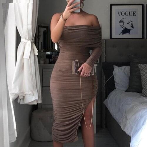 OMSJ Sexy Vintage Style Long Sleeve Bodycon Dress Womens One Shoulder Split Elegant Dresses Female Autumn Winter Party Vestidos