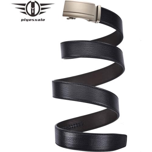 Plyesxale Mens High Quality Genuine Leather Belt Ratchet Automatic Buckle Black Men Belt Popular Luxury Mens Business Belts B254