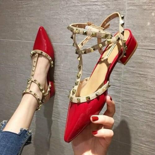 Womens Sandals 2020 New Baotou Word Buckle Thick Heel Pointed Rivets High Heels Fashion Womens Shoes Orange Wild Sandals Women