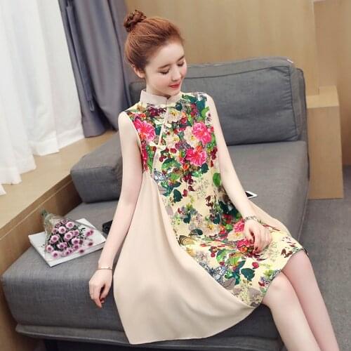 Plus Size Cotton and Linen Stitching Chiffon Dress Improved Cheongsam Dress Vintage Women Floral Printed Party Dress Qipao