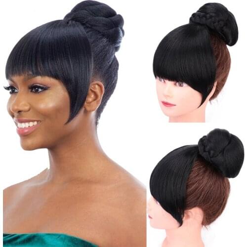 Synthetic Extension Clip in Hair Dount Chignon with Bangs Hairpiece for Women Drawstring Ponytail Extension