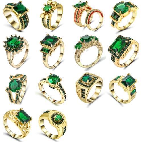 Vintage Green Jewelry Women Wedding Ring Anel Retro Yellow Gold Colour Green CZ Fashion Engagement Band Rings Size 6