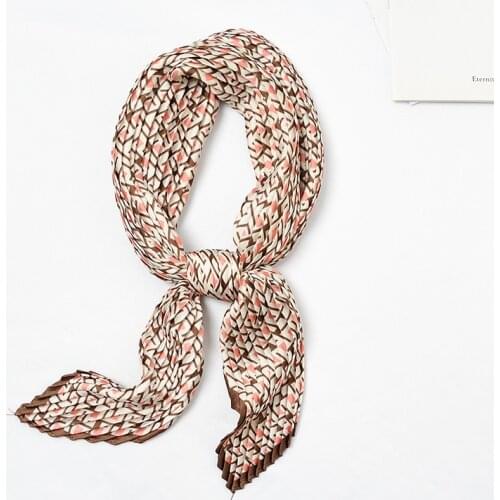 Women Silk Small Bandana Cute Cube Pattern Decorated Neckwear Design Pleated Bandeau Scarf Crinkle Print Foulard [3962]