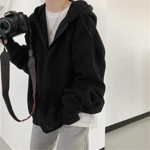 Y2k Korean Version Loose Hoodies Long Sleeve Zip Up Solid Pocket Oversized Sweatshirts Female Thin Harajuku Hooded Coat Top