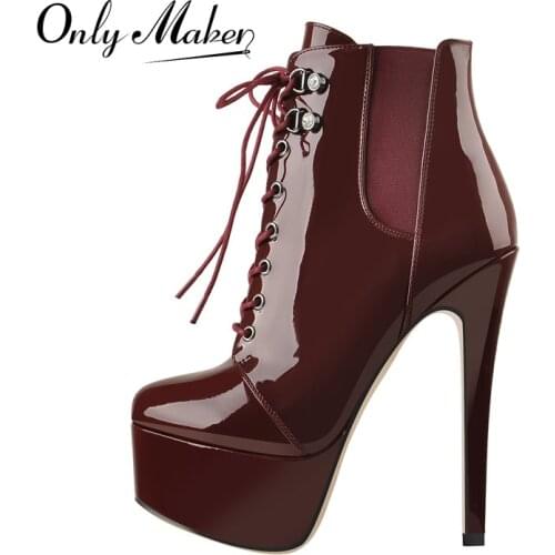 Onlymaker Winter Women Lace-Up Platform Ankle Boots Black Red Patent Leather Stiletto High Heels Boots Zipper Big Size Concise