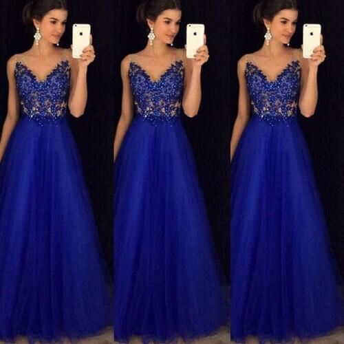 Women Formal Lace Blue Dresses Ladies Sleeveless Bridesmaid Long Party Ball Prom Gown Mesh Dress Female Slim Elegant Dress