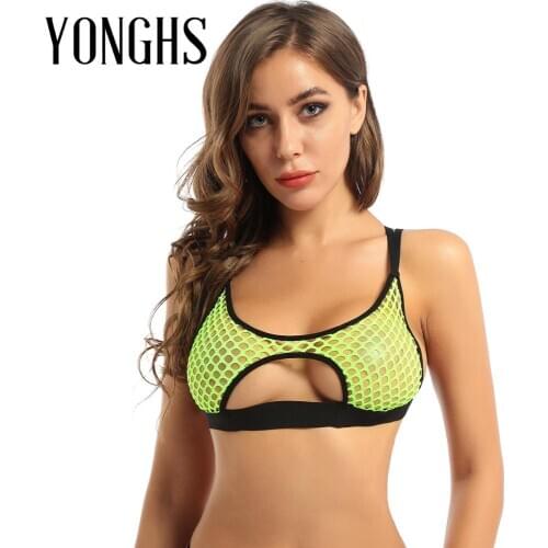 Womens Pole Dance Rave Top Hollow Out Fishnet Halter Neck Crisscross Back Cutout Underboob Music Festival Rave Vest Crop Tops