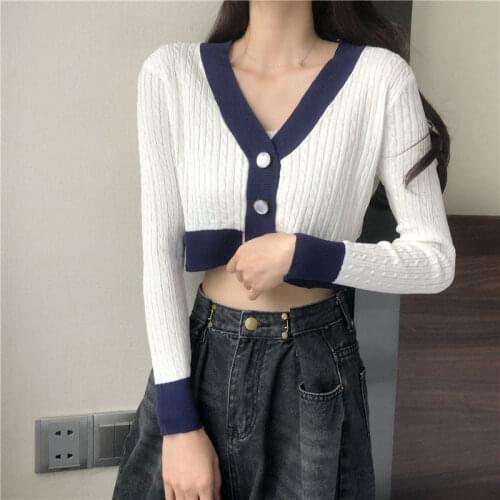 Women Short Cropped Knitted Sweater 2020 Autumn Winter Casual Color Matching Long Sleeve V-Neck Cardigans Button Up Top Clothes