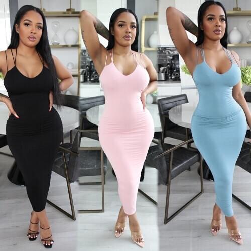 Echoine Summer Spaghetti Strap Halter Lace Up V-neck Dress Women Ladies Elegant Long Maxi Backless Sexy Bodycon Party Clubwear