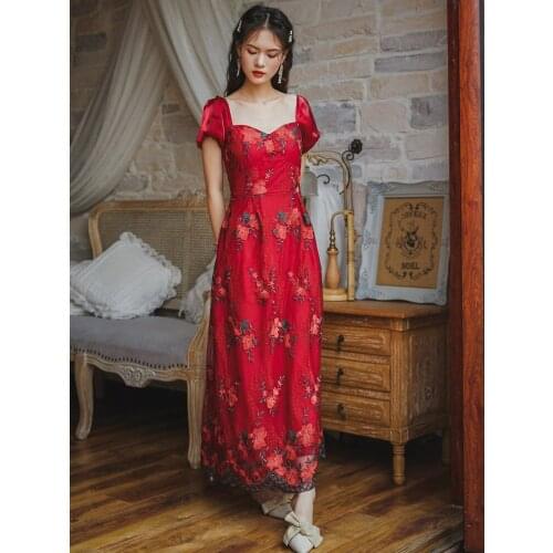 Vintage Slim Red Embroidered Dress Womens Summer 2021 Puff Sleeve Sexy Elegant Square Neck Mesh Embroidered Chic Party Dresses
