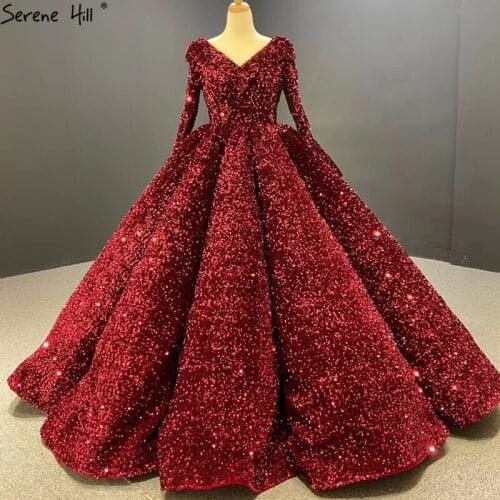 Serene Hill Burgundy Sequined Luxury Dubai Wedding Dress 2020 Long Sleeves V-Neck Sparkle Bridal Gown Custom Made CHA2348