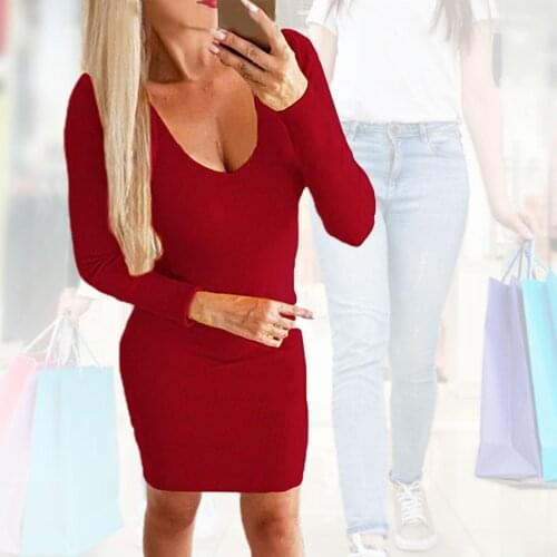 Winter Women Dress Sexy Deep V Neck Backless Slim Party Dress Casual Solid A- Line Women Knitted Sweater Mini Dress
