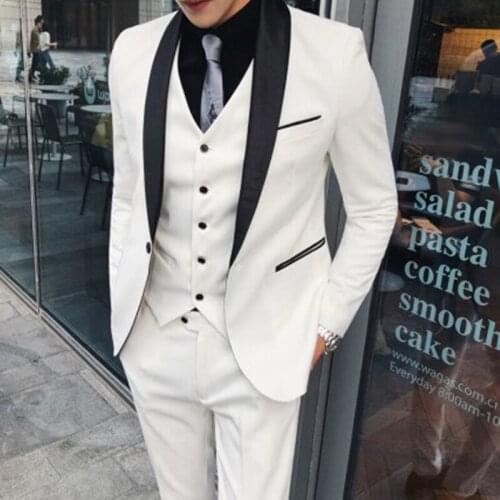 2020 Fashion Handsome White Shawl Lapel Men Suits Slim Fit Groomsmen Tuxedo For Wedding Business Party Suits (Jacket+Vest+Pants)