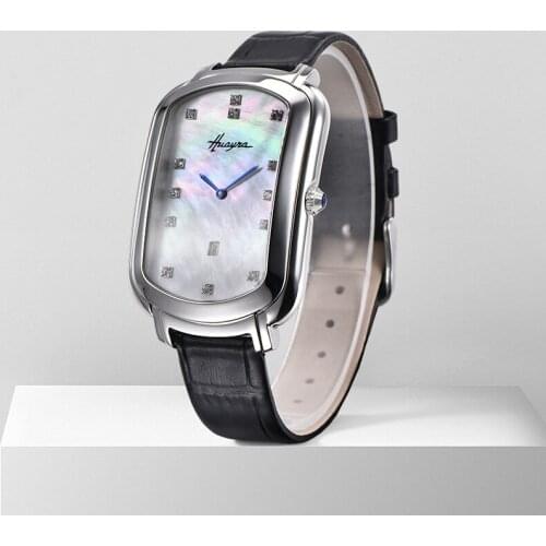 2020 Fashion casual Quartz ladies 31MM square diamond-encased wrist watch, color shellfish dial black leather strap