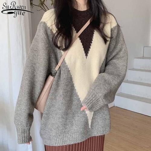 2021 Winter Clothes Women O-neck Pullover V-shaped Stitching Sweater Femme Long Sleeve Knitted Loose Jumper knitwear Women 11648