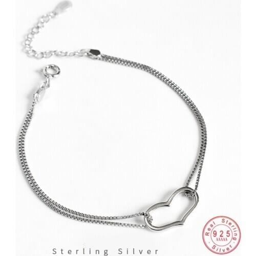 925 Sterling Silver Korean Version Abstract Heart Chain Double Layer Bracelet Women Simple Fashion Student Jewelry Accessories
