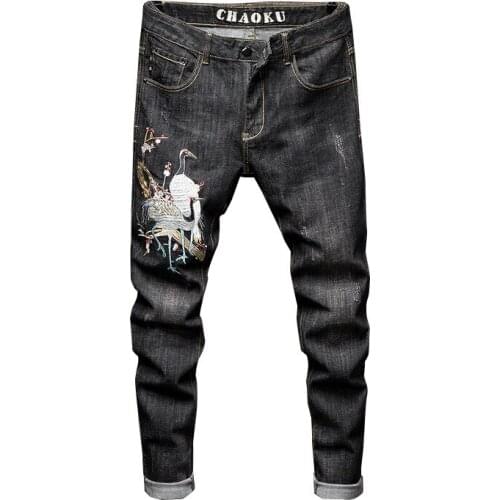 Cranes Embroidered Stretch Jeans Mens Casual Skinny Denim Trousers Fashion Floral Bird Patch Pants