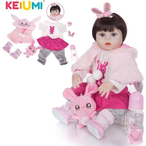 KEIUMI New Lovely Realistic Reborn Baby Doll Full Silicone Body With Cutely Rabbit Baby Doll For Girl Child DIY Birthday Gift
