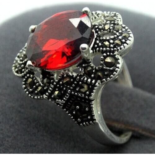 Red Faceted Crystal 17x22MM 925 Sterling Silver Marcasite Ring Size 7/8/9/10