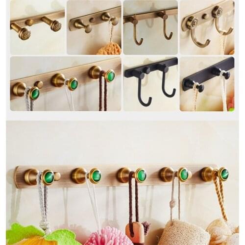 Bathroom Robe Hooks Antique Brass Carved Row Clothes Hooks Wall Mounted Nail Punched Clothes Rack Key Hanger Bath Hardware