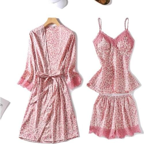 Leopard Pajamas Set Faux Silk Women Sexy Lace Summer Sleepwear Sling and Shorts Satin Lady Pyjamas Homewear Bathrobe Set