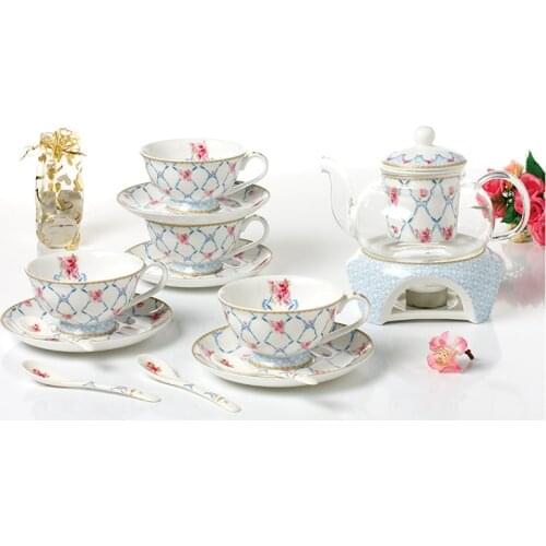 Fashion Household Flower Tea Ware Gift Coffee Cups Set Heatable Tea Stove Glass Teapot Ceramic Coffee Cup Saucer and Spoon Set