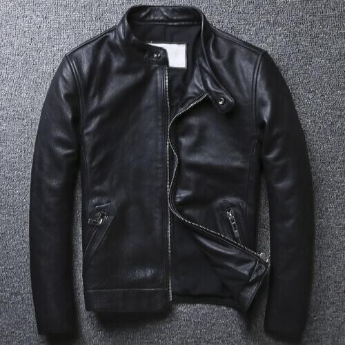 Plus Size 5XL Casual Leather Jacket Men Stand Collar Black 100% Cowhide Jackets Male High Quality Mens Genuine Leather Jacket