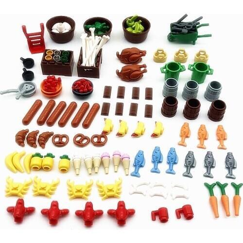Food Tool Set MOC Building Blocks for Kids Food Toys Juguetes Bloques DIY Fruit Bread Turkey Apple Accessories Parts MOC Bricks