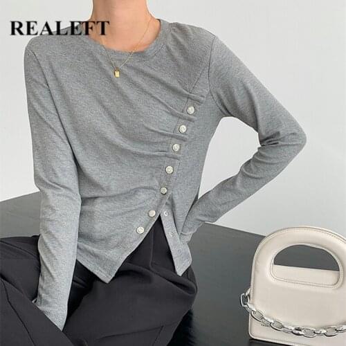 REALEFT 2021 New Autumn Irregular Single Breasted Womens T-Shirts Bottoming O-Neck Long Sleeve Female Slim Shirts Knitted Tops