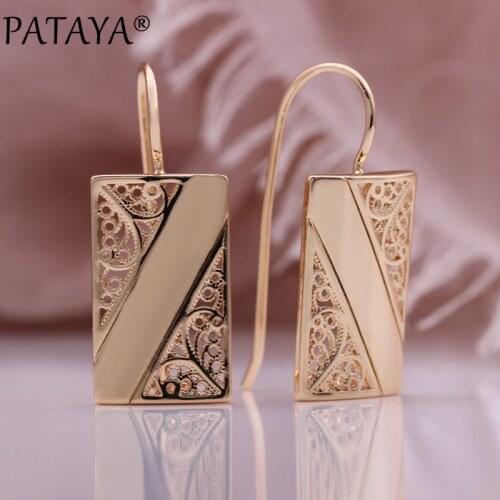 PATAYA New Square Glossy Hollow Long Earrings 585 Rose Gold Carving Metal Unusual Drop Earrings Women Party Gift Fashion Jewelry