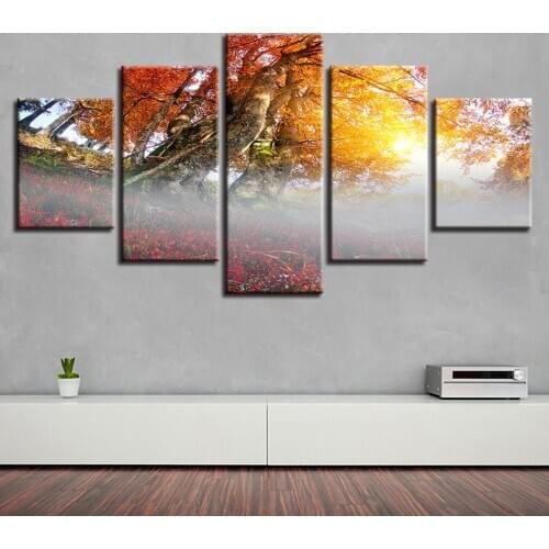 Full drill square round diamond painting mosaic rhinestone embroidery cross stitch 5 Pcs Red Tree Sunshine Natural Scenery decor