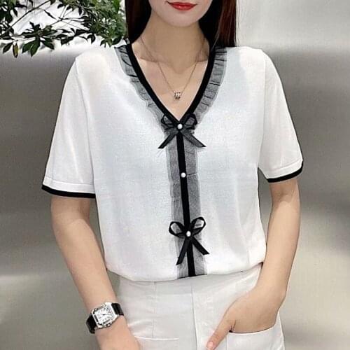 No. 5, row 2, room 204624 [middle] non real shot net red picture V-neck bow short sleeve sweater [2000] 35