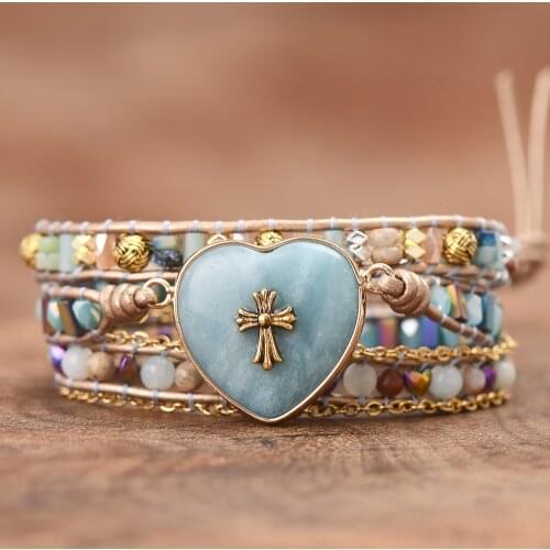 Amazonite Heart Triple Layers Golden Chain Hematite Stones Praying Peace Wrap Bracelets