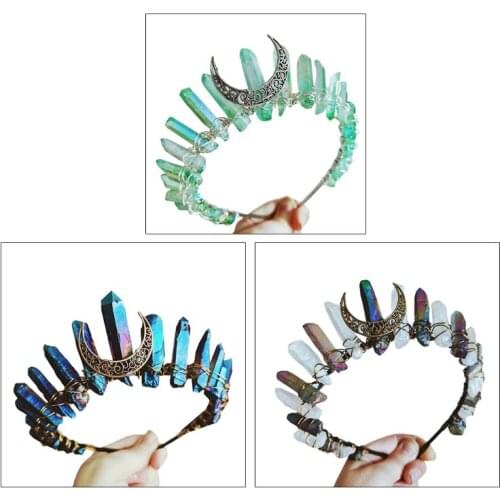 Boho Vintage Witch Tiara Contrast Color Faux Raw Quartz Crystal Headband Crown Bridal Weding Angel Aura Alloy Moon Hair Hoop